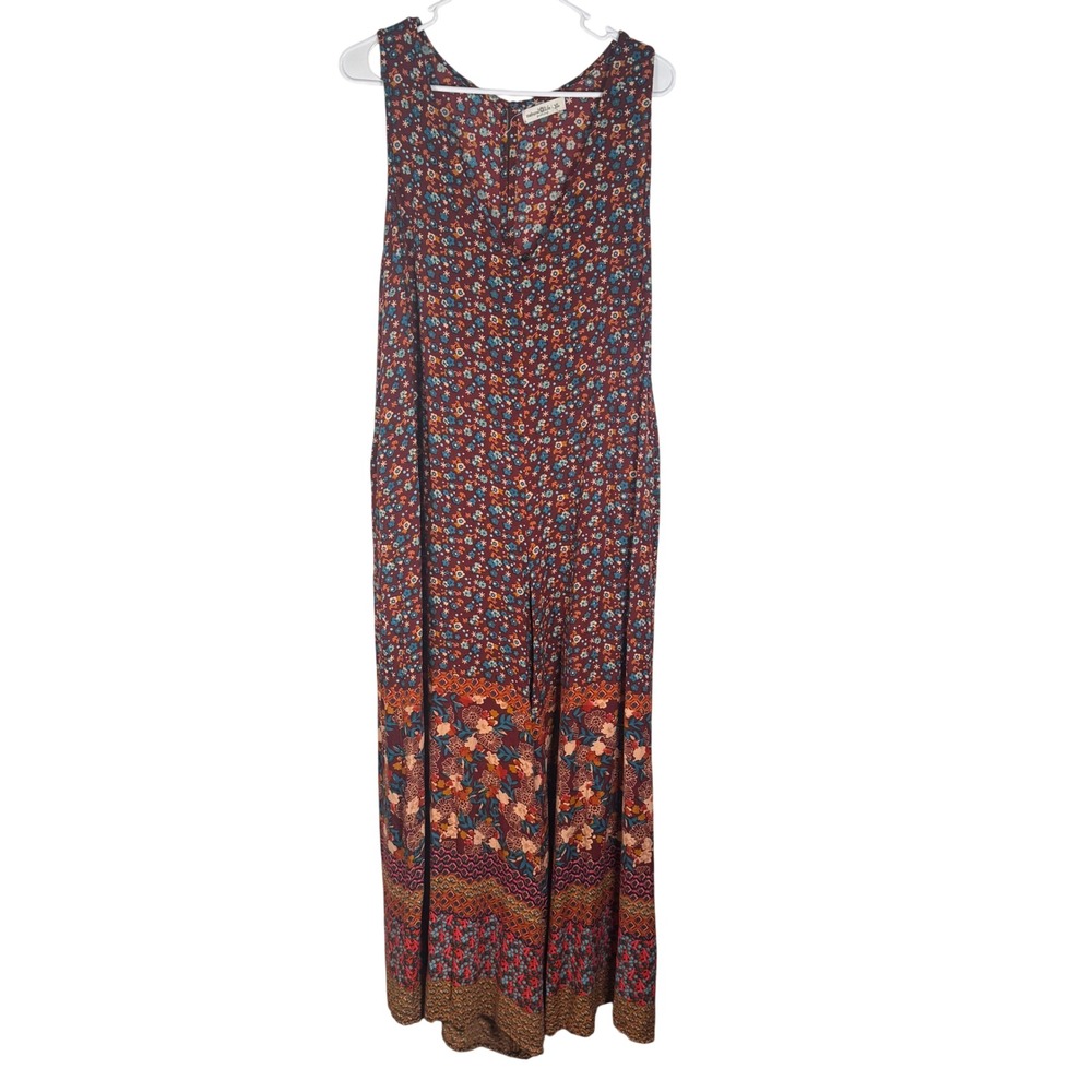 Natural Life Floral Jumpsuit Womens XL Burgundy Viscose Boho Wide Leg Pockets